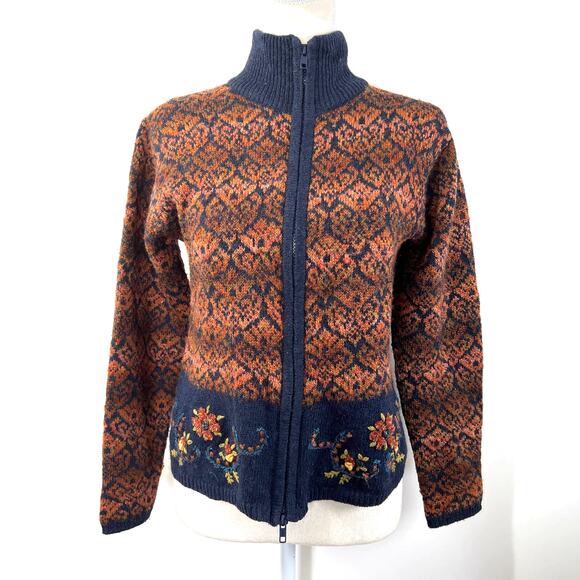 Vintage Zip Front Knit Cardigan by Dressbarn Embroidered Stripe Damask - Picture 1 of 7